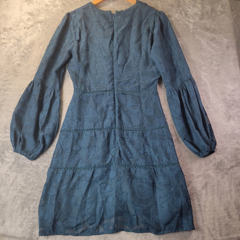 Lulus Teal Blue Floral Cocktail Mini Dress Long Balloon Sleeve V-Neck Size S - Picture 5 of 10